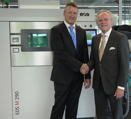 Pascal Boillat (left), Head of GF Machining Solutions with Dr. Hans J. Langer (right), Founder and CEO EOS Group in front of an EOS M 290 metal Additive Manufacturing system (source: EOS)  Krailling, July 10, 2015 – EOS, the global technology and market leader for high-end Additive Manufacturing (AM) solutions, has entered into a strategic cooperation with GF Machining Solutions, the Swiss-based industrial company GF (Georg Fischer), Schaffhausen, to offer customers innovative solutions combining both companies' technologies.   The two companies have agreed to focus on the mold and die sector. They will develop exclusive solutions for mold makers, a market in which GF holds a leading position thanks to its EDM, high speed milling and automation technologies.  The additive manufacturing technology offers for such customers the possibility to generate metal inserts featuring cooling close to the surface, thus allowing for a shorter mold cooling sequence and therefore a much faster plastic injection cycle.  GF and EOS will undertake the integration of the additive manufacturing machines into the production process of mold inserts, including the necessary software and automation link with 