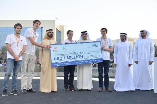 The Drones for Good Award is presented by His Highness Mohammed bin Rashid Al Maktoum, Vice President and Prime Minister of the United Arab Emirates, to the winning team Flyability. source:	Prime Minister's Office UAE