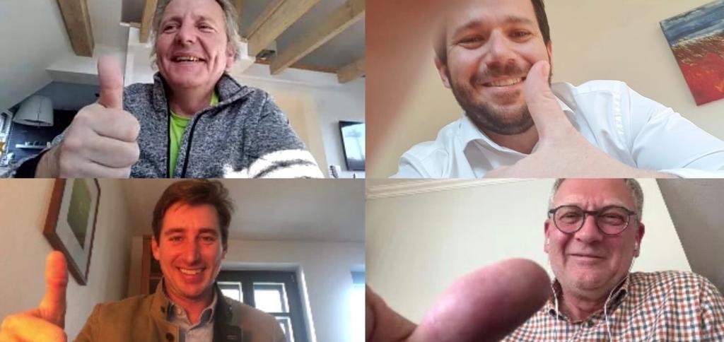 MPS Martin Vogel MPS agent Rainer Ulrich and Florian Ulrich directors Ulrich Etiketten and Bert van den Brink Co Founder MPS put up their thumbs to sign the deal during a WhatsApp videocall